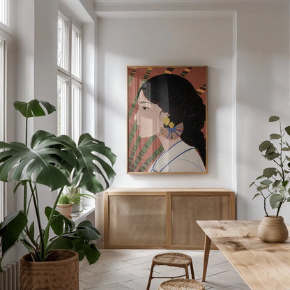 Boho Woman IV Blue by Omar Escalante. shown as a print in a natural wood frame in a dining room. Available as a archival giclee rolled canvas, fine art paper, or poster print. SKU 85659h.