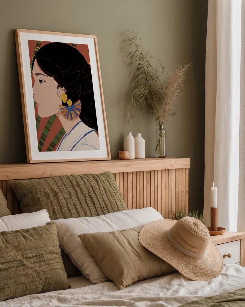 Boho Woman IV Blue by Omar Escalante. shown as a paper print in a natural frame. Available as a archival giclee rolled canvas, fine art paper, or poster print. SKU 85659h.