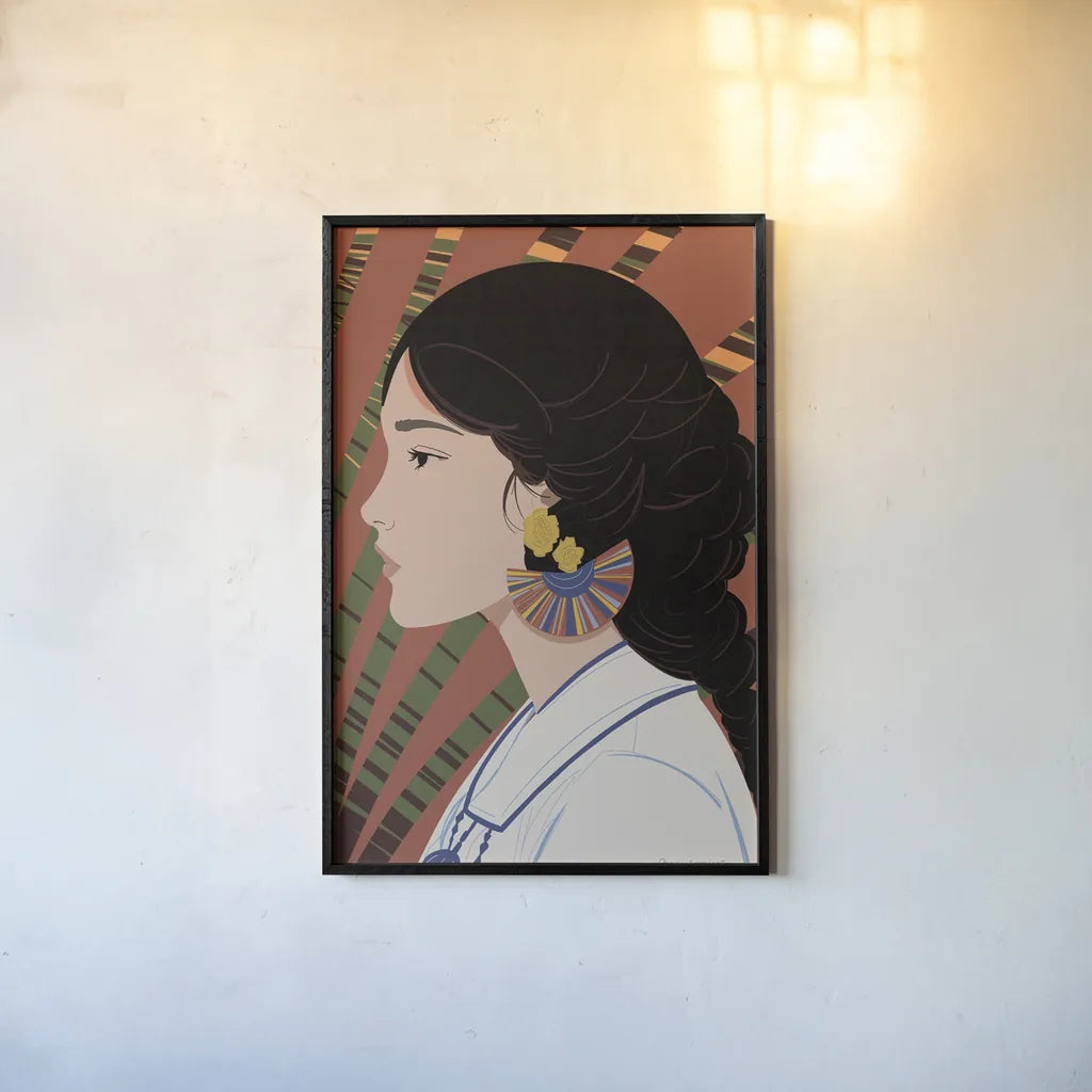 Boho Woman IV Blue by Omar Escalante. shown as a paper print in a black flame. Available as a archival giclee rolled canvas, fine art paper, or poster print. SKU 85659h.