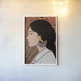 Boho Woman IV Blue by Omar Escalante. shown as a paper print in a white frame. Available as a archival giclee rolled canvas, fine art paper, or poster print. SKU 85659h.