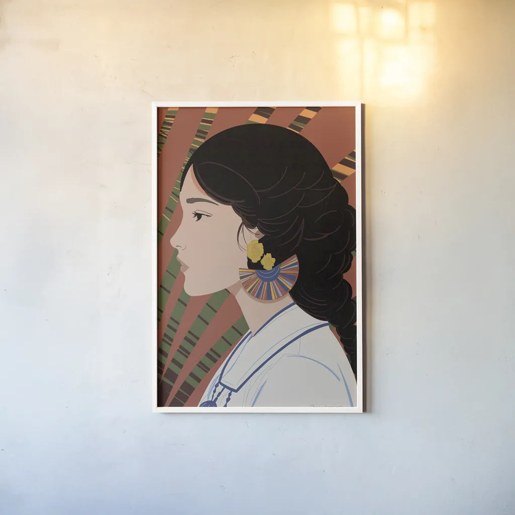 Boho Woman IV Blue by Omar Escalante. shown as a paper print in a white frame. Available as a archival giclee rolled canvas, fine art paper, or poster print. SKU 85659h.