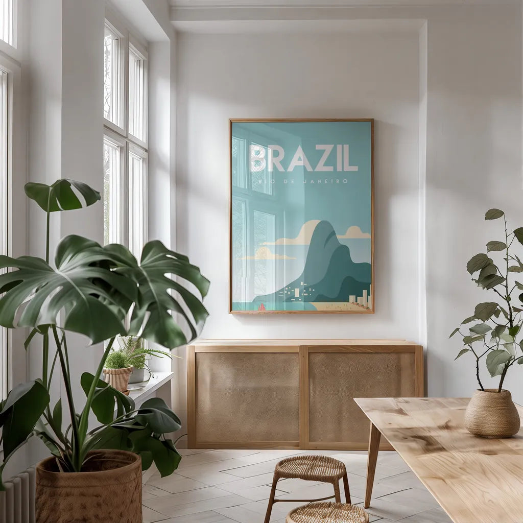 Brazil by Omar Escalante. shown as a print in a natural wood frame in a dining room. Available as a archival giclee rolled canvas, fine art paper, or poster print. SKU 71454h.