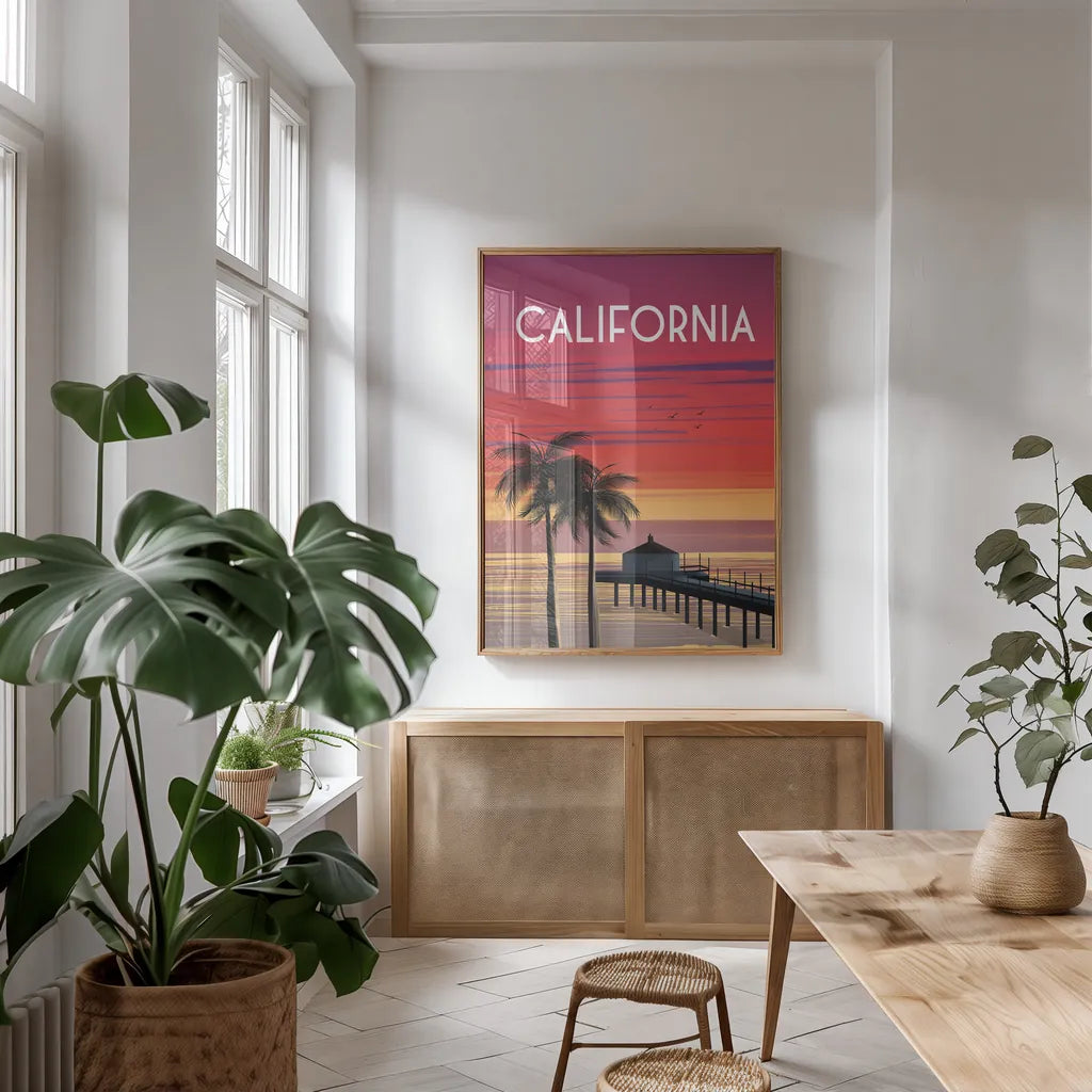 California by Omar Escalante. shown as a print in a natural wood frame in a dining room. Available as a archival giclee rolled canvas, fine art paper, or poster print. SKU 62029h.
