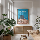 Capri by Omar Escalante. shown as a print in a natural wood frame in a dining room. Available as a archival giclee rolled canvas, fine art paper, or poster print. SKU 62778h.
