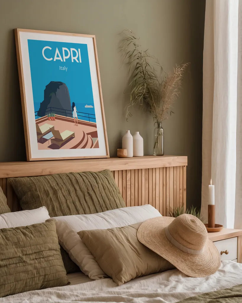 Capri by Omar Escalante. shown as a paper print in a natural frame. Available as a archival giclee rolled canvas, fine art paper, or poster print. SKU 62778h.