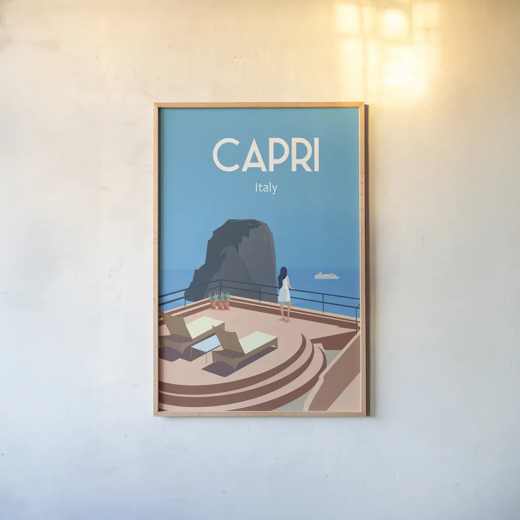 Capri by Omar Escalante. shown as a paper print in a natural frame. Available as a archival giclee rolled canvas, fine art paper, or poster print. SKU 62778h.
