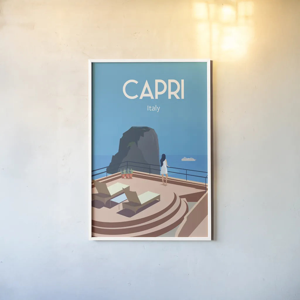 Capri by Omar Escalante. shown as a paper print in a white frame. Available as a archival giclee rolled canvas, fine art paper, or poster print. SKU 62778h.