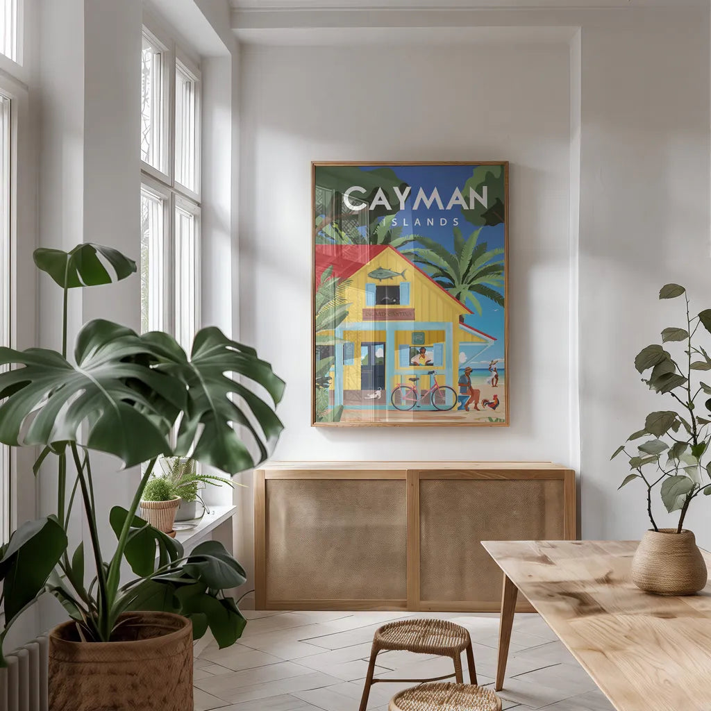 Cayman Islands by Omar Escalante. shown as a print in a natural wood frame in a dining room. Available as a archival giclee rolled canvas, fine art paper, or poster print. SKU 78752h.
