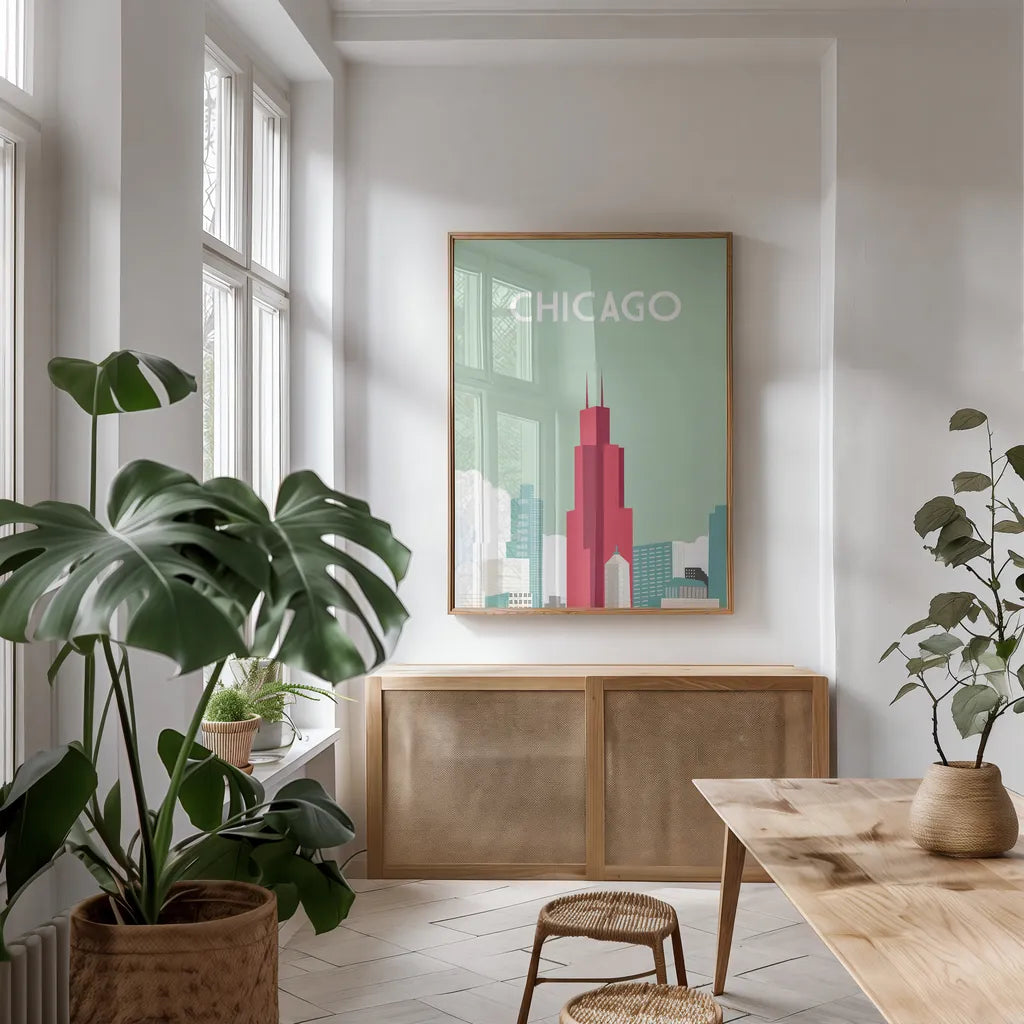 Chicago by Omar Escalante. shown as a print in a natural wood frame in a dining room. Available as a archival giclee rolled canvas, fine art paper, or poster print. SKU 62764h.