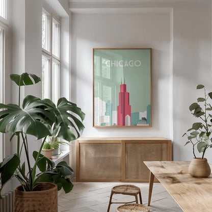 Chicago by Omar Escalante. shown as a print in a natural wood frame in a dining room. Available as a archival giclee rolled canvas, fine art paper, or poster print. SKU 62764h.