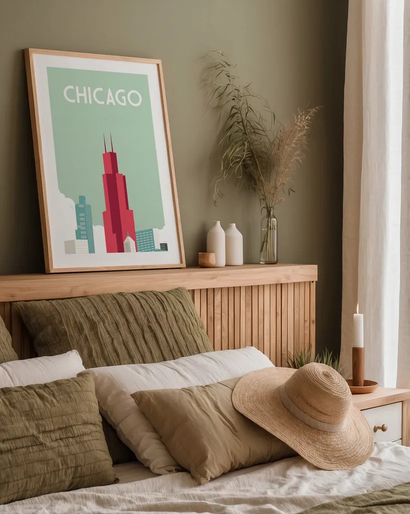 Chicago by Omar Escalante. shown as a paper print in a natural frame. Available as a archival giclee rolled canvas, fine art paper, or poster print. SKU 62764h.