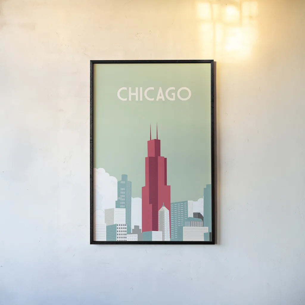 Chicago by Omar Escalante. shown as a paper print in a black flame. Available as a archival giclee rolled canvas, fine art paper, or poster print. SKU 62764h.