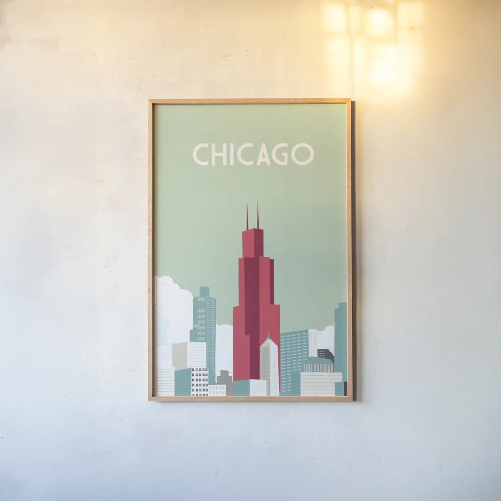 Chicago by Omar Escalante. shown as a paper print in a natural frame. Available as a archival giclee rolled canvas, fine art paper, or poster print. SKU 62764h.