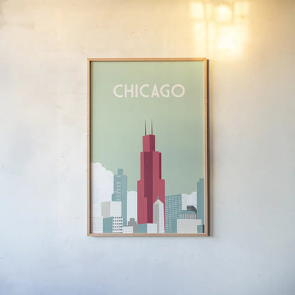 Chicago by Omar Escalante. shown as a paper print in a natural frame. Available as a archival giclee rolled canvas, fine art paper, or poster print. SKU 62764h.