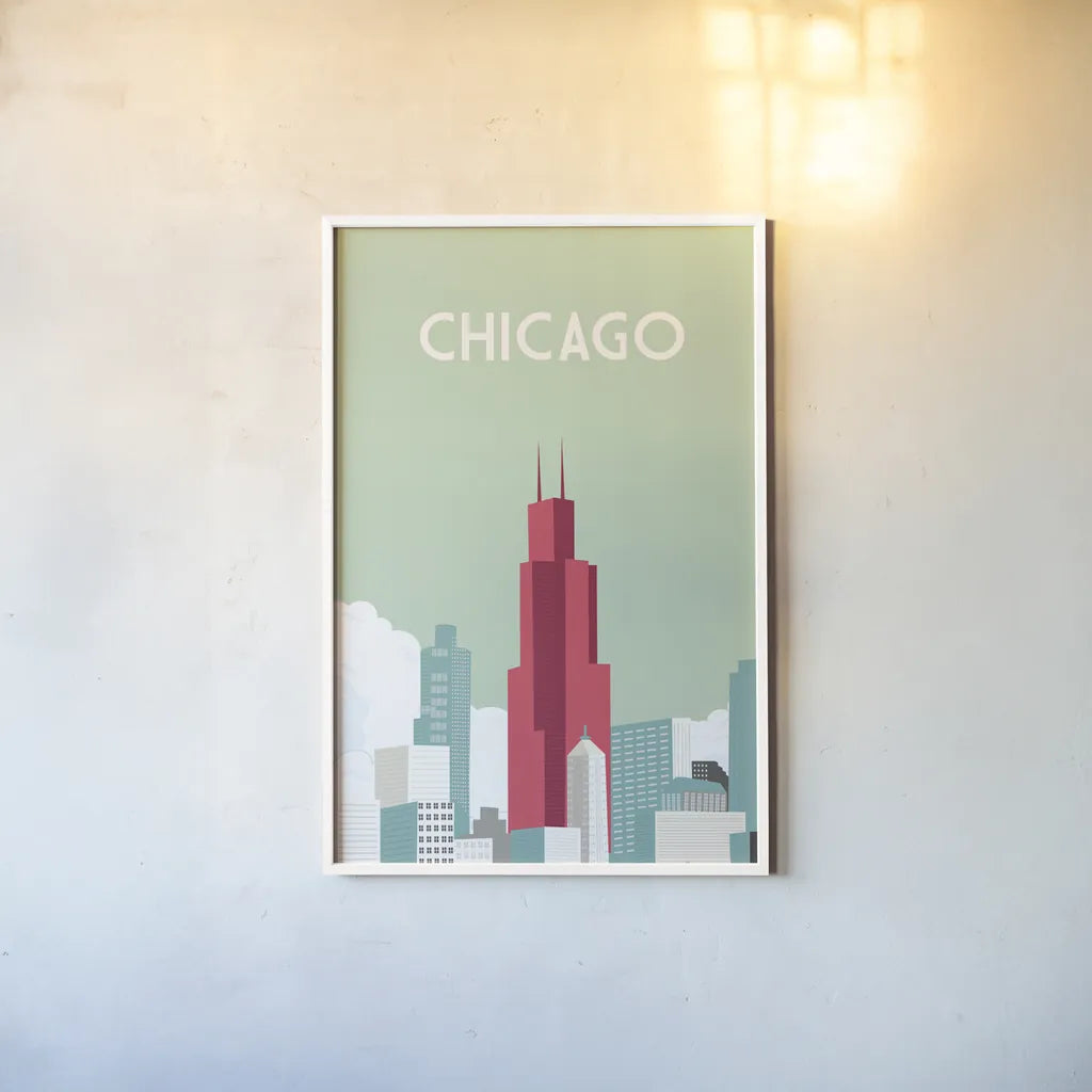 Chicago by Omar Escalante. shown as a paper print in a white frame. Available as a archival giclee rolled canvas, fine art paper, or poster print. SKU 62764h.