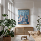 Chicago Illinois by Omar Escalante. shown as a print in a natural wood frame in a dining room. Available as a archival giclee rolled canvas, fine art paper, or poster print. SKU 82464h.