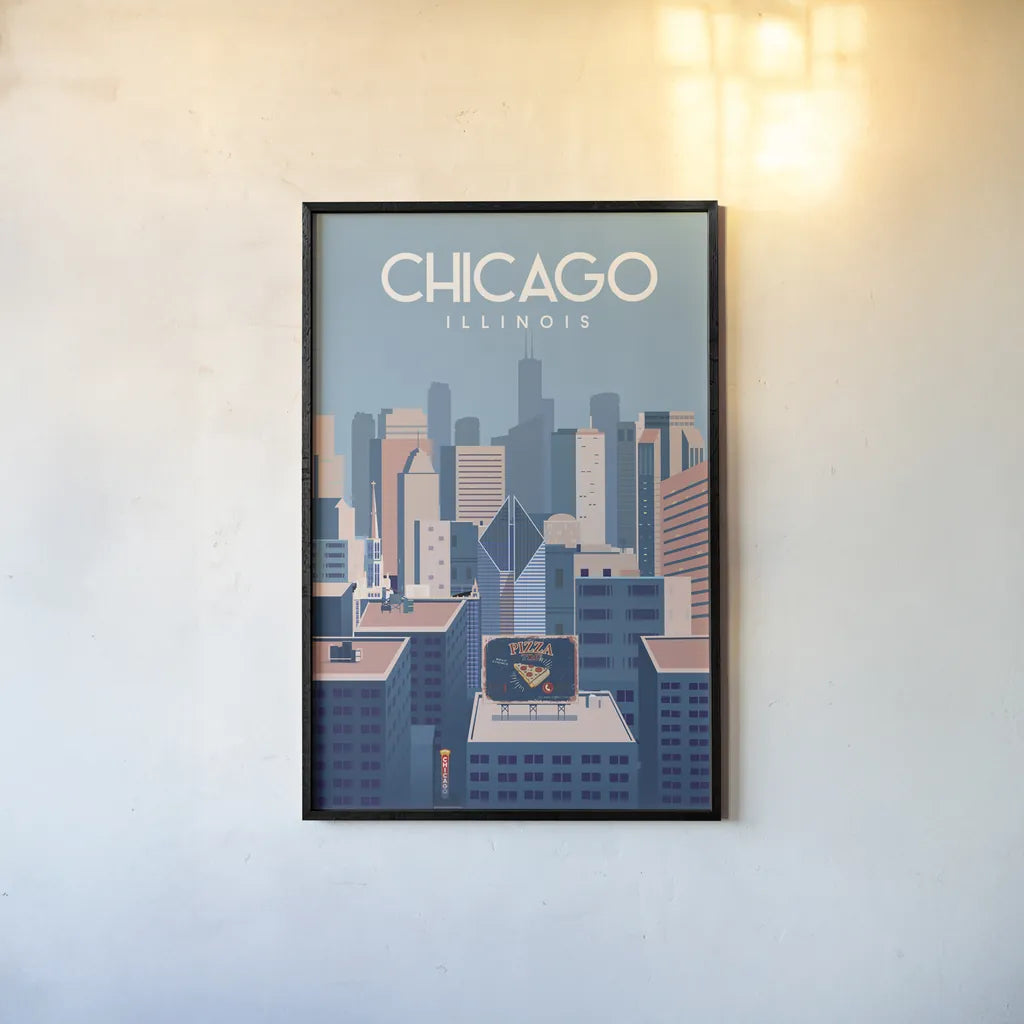 Chicago Illinois by Omar Escalante. shown as a paper print in a black flame. Available as a archival giclee rolled canvas, fine art paper, or poster print. SKU 82464h.
