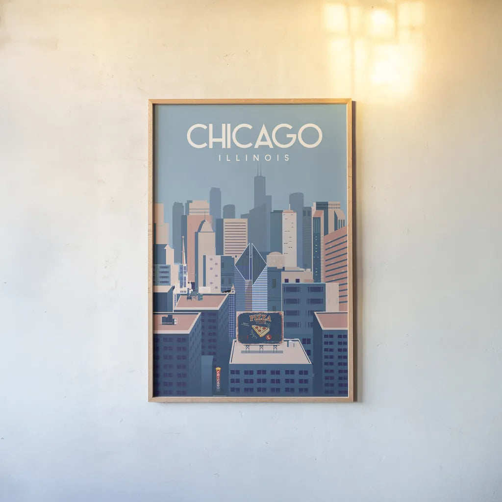 Chicago Illinois by Omar Escalante. shown as a paper print in a natural frame. Available as a archival giclee rolled canvas, fine art paper, or poster print. SKU 82464h.