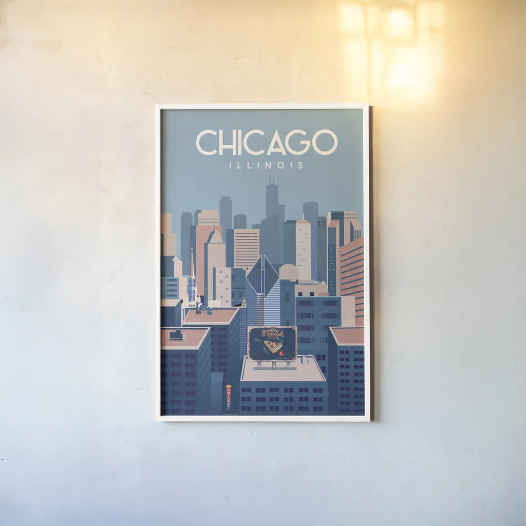 Chicago Illinois by Omar Escalante. shown as a paper print in a white frame. Available as a archival giclee rolled canvas, fine art paper, or poster print. SKU 82464h.
