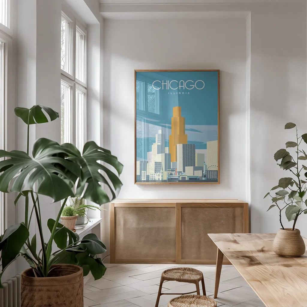Chicago from Lake Michigan by Omar Escalante. shown as a print in a natural wood frame in a dining room. Available as a archival giclee rolled canvas, fine art paper, or poster print. SKU 82463h.