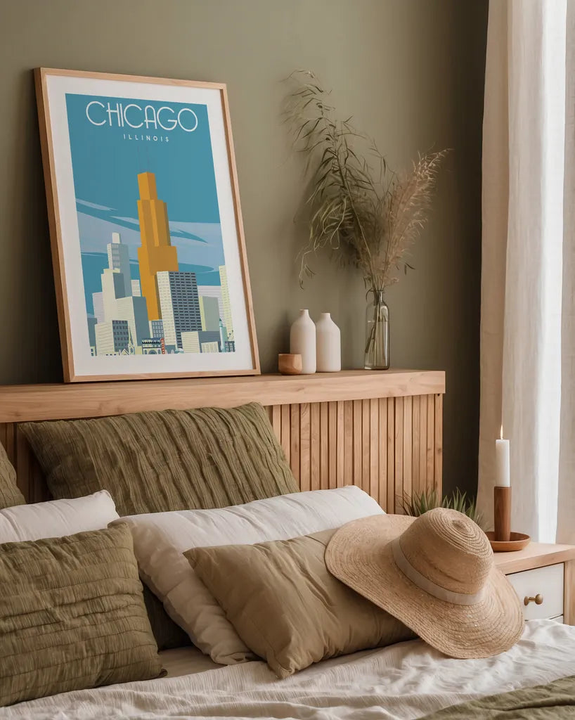 Chicago from Lake Michigan by Omar Escalante. shown as a paper print in a natural frame. Available as a archival giclee rolled canvas, fine art paper, or poster print. SKU 82463h.