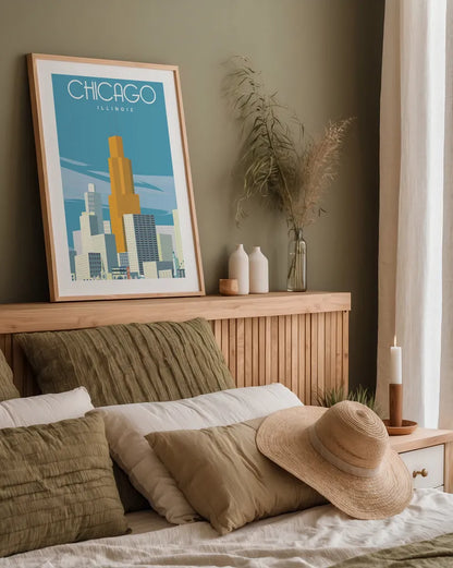 Chicago from Lake Michigan by Omar Escalante. shown as a paper print in a natural frame. Available as a archival giclee rolled canvas, fine art paper, or poster print. SKU 82463h.