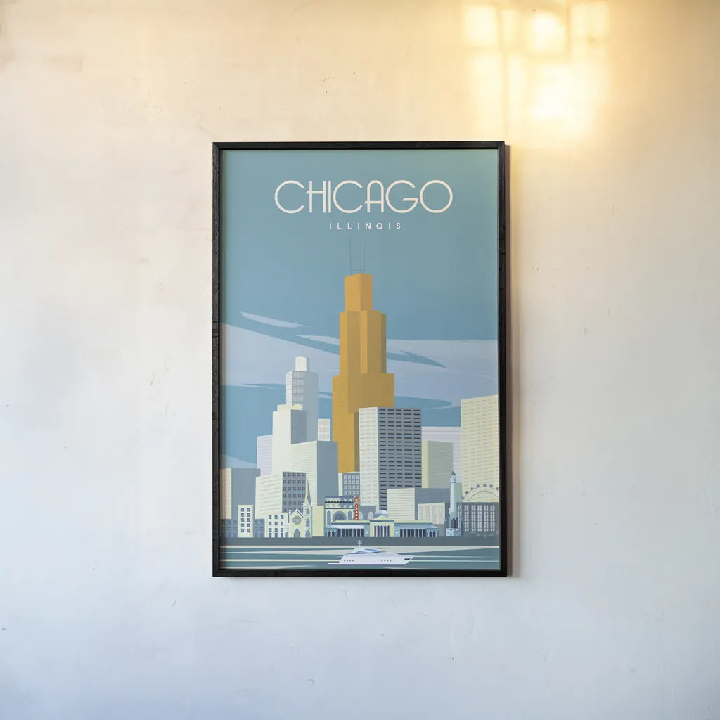 Chicago from Lake Michigan by Omar Escalante. shown as a paper print in a black flame. Available as a archival giclee rolled canvas, fine art paper, or poster print. SKU 82463h.