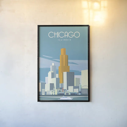 Chicago from Lake Michigan by Omar Escalante. shown as a paper print in a black flame. Available as a archival giclee rolled canvas, fine art paper, or poster print. SKU 82463h.