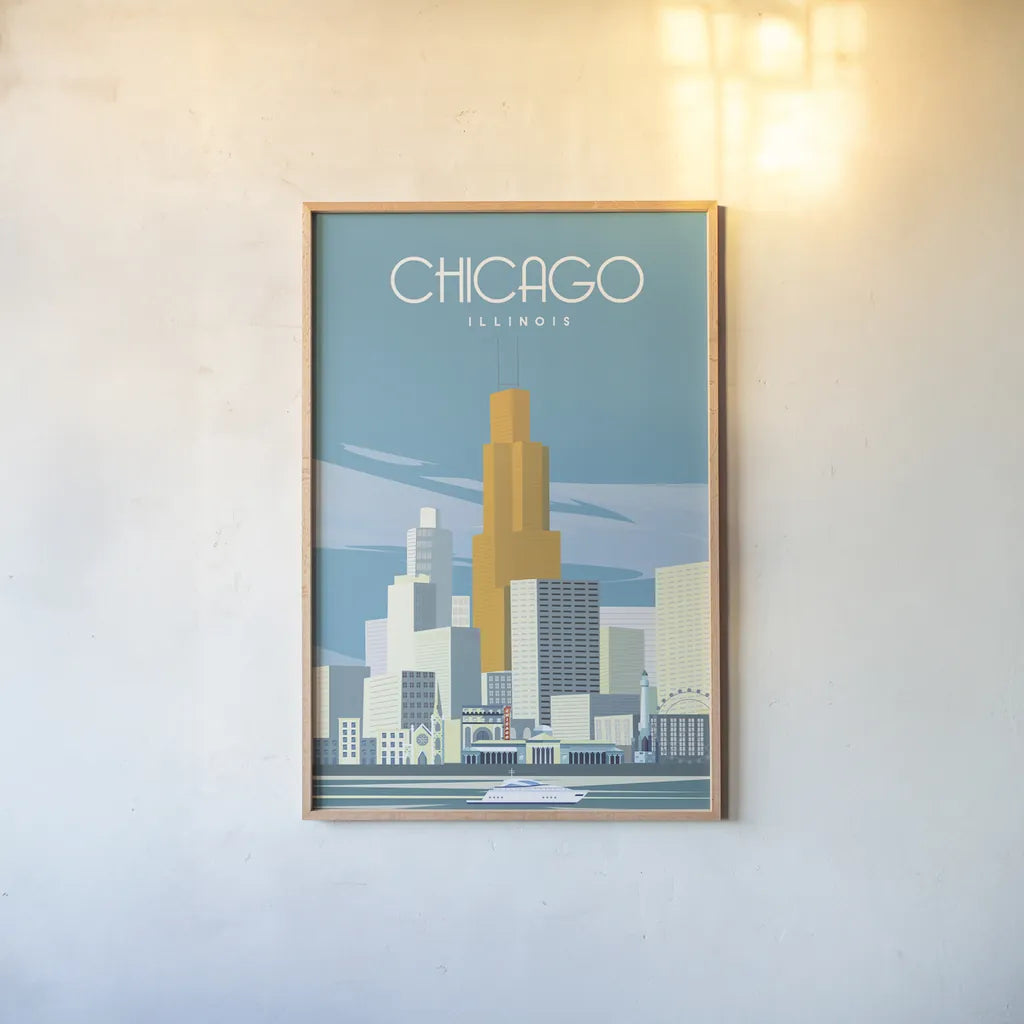 Chicago from Lake Michigan by Omar Escalante. shown as a paper print in a natural frame. Available as a archival giclee rolled canvas, fine art paper, or poster print. SKU 82463h.