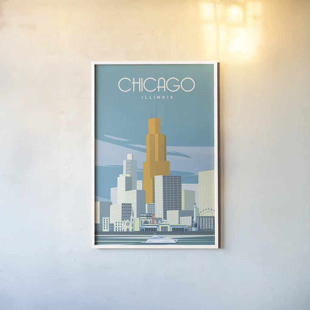 Chicago from Lake Michigan by Omar Escalante. shown as a paper print in a white frame. Available as a archival giclee rolled canvas, fine art paper, or poster print. SKU 82463h.