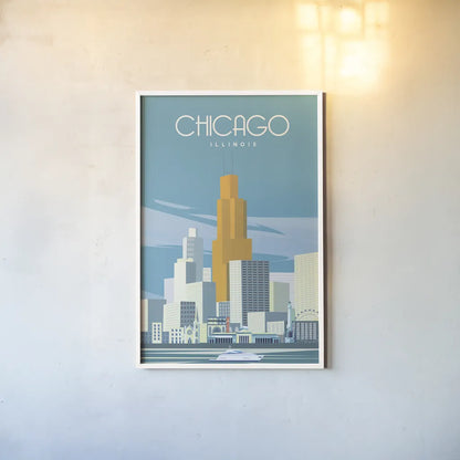 Chicago from Lake Michigan by Omar Escalante. shown as a paper print in a white frame. Available as a archival giclee rolled canvas, fine art paper, or poster print. SKU 82463h.