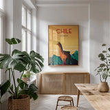Chile by Omar Escalante. shown as a print in a natural wood frame in a dining room. Available as a archival giclee rolled canvas, fine art paper, or poster print. SKU 62030h.