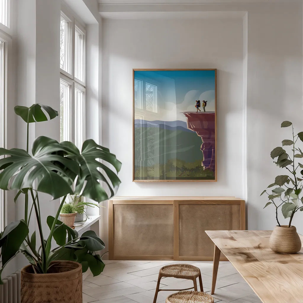Climb a Mountain by Omar Escalante. shown as a print in a natural wood frame in a dining room. Available as a archival giclee rolled canvas, fine art paper, or poster print. SKU 65936h.