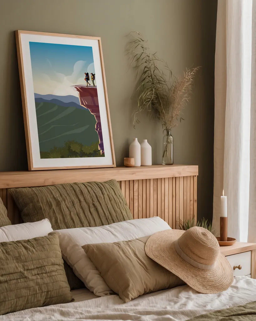 Climb a Mountain by Omar Escalante. shown as a paper print in a natural frame. Available as a archival giclee rolled canvas, fine art paper, or poster print. SKU 65936h.