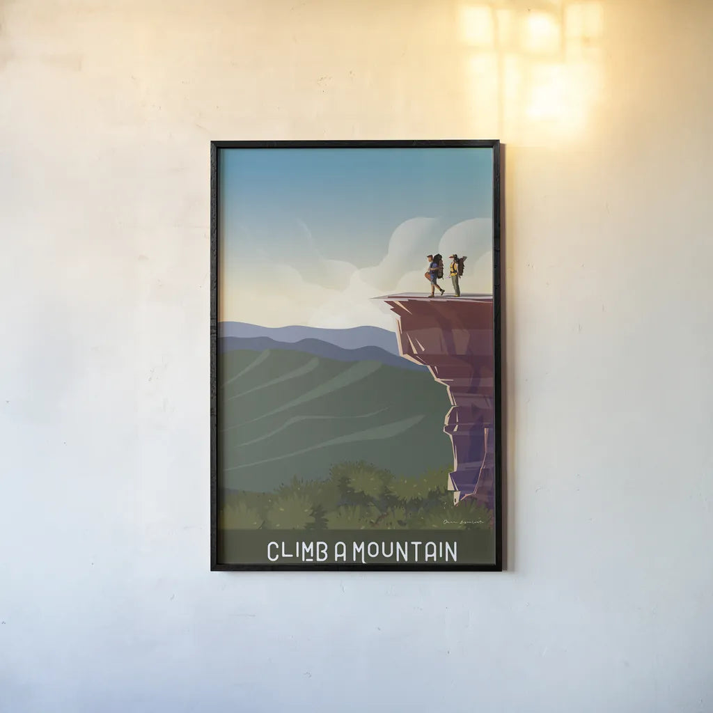 Climb a Mountain by Omar Escalante. shown as a paper print in a black flame. Available as a archival giclee rolled canvas, fine art paper, or poster print. SKU 65936h.