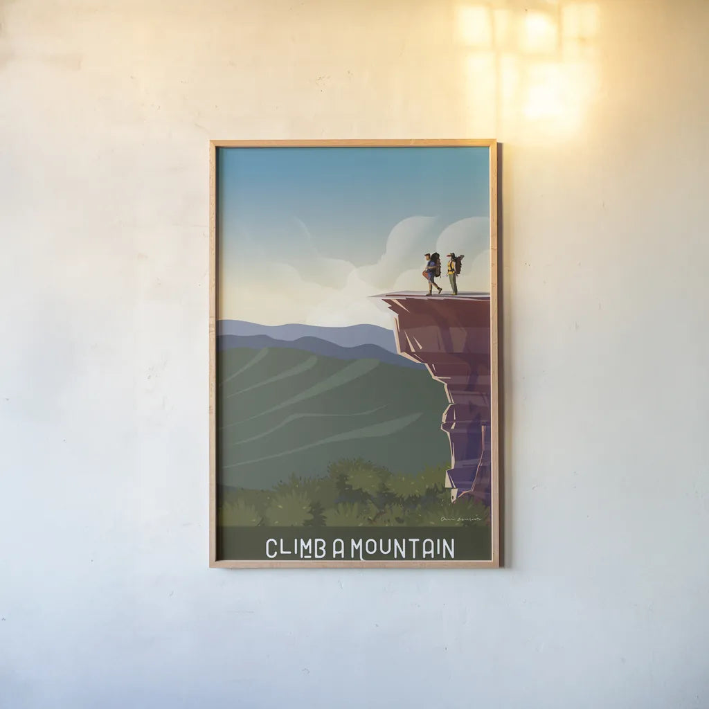 Climb a Mountain by Omar Escalante. shown as a paper print in a natural frame. Available as a archival giclee rolled canvas, fine art paper, or poster print. SKU 65936h.