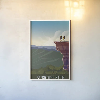 Climb a Mountain by Omar Escalante. shown as a paper print in a white frame. Available as a archival giclee rolled canvas, fine art paper, or poster print. SKU 65936h.