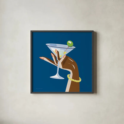 Cocktail Time I Sq by Omar Escalante. Shown in a sleek black glass frame for a contemporary gallery look. Available as an archival giclee rolled canvas, fine art paper, or poster print. SKU 80658a.