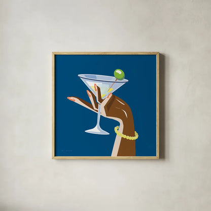 Cocktail Time I Sq by Omar Escalante. Shown in a natural wood glass frame for a timeless modern aesthetic. Available as an archival giclee rolled canvas, fine art paper, or poster print. SKU 80658a.