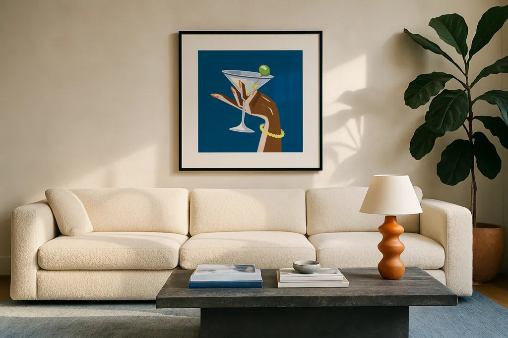 Cocktail Time I Sq by Omar Escalante. Displayed in a glass frame with matte in a clean modern living room. Available as an archival giclee rolled canvas, fine art paper, or poster print. SKU 80658a.