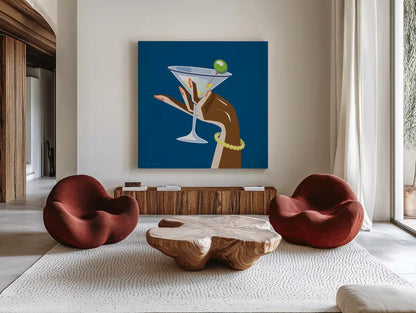 Cocktail Time I Sq by Omar Escalante. Shown as extra-large giant wall art in a modern living room. Available as an archival giclee rolled canvas, fine art paper, or poster print. SKU 80658a.
