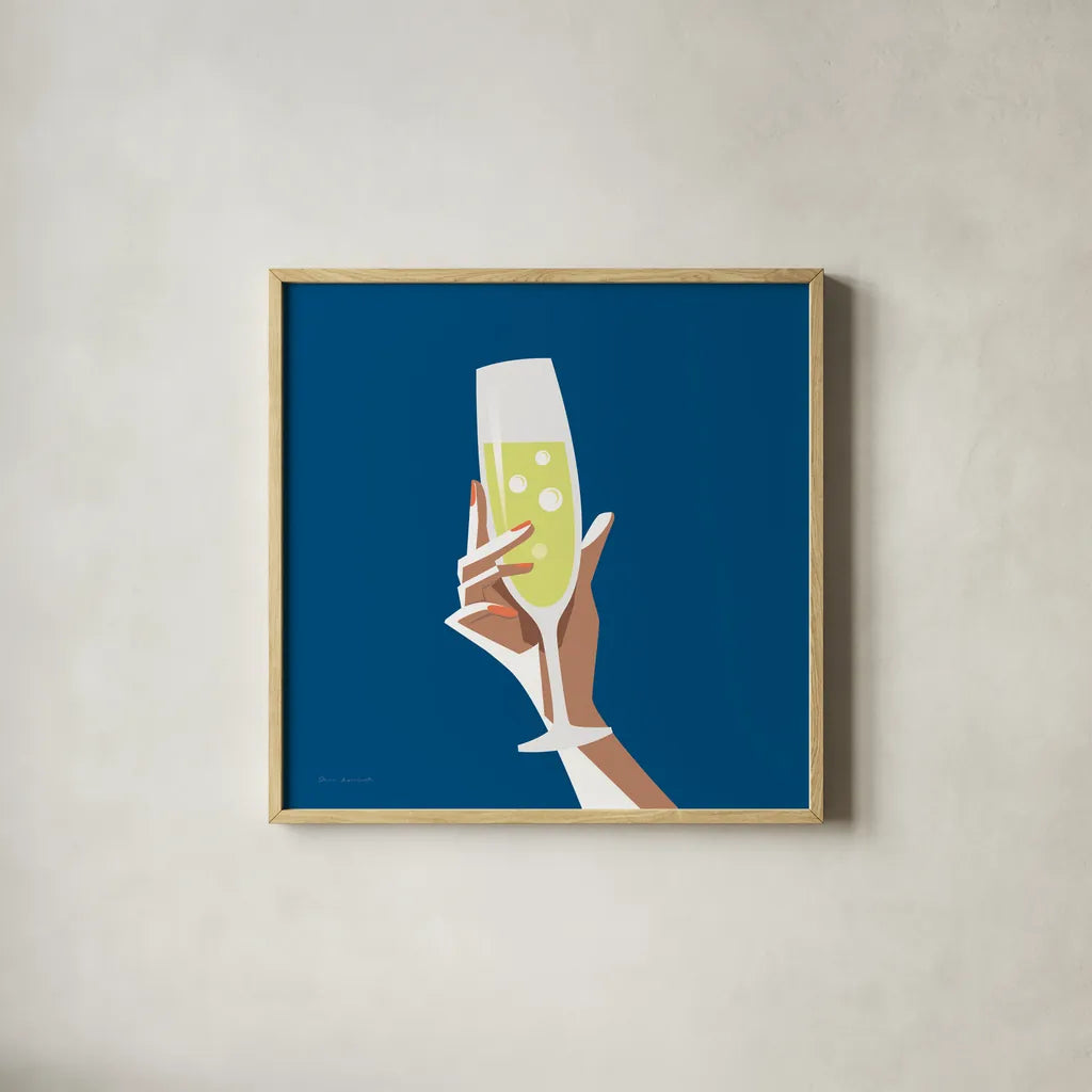 Cocktail Time II Sq by Omar Escalante. Shown in a natural wood glass frame for a timeless modern aesthetic. Available as an archival giclee rolled canvas, fine art paper, or poster print. SKU 80659a.