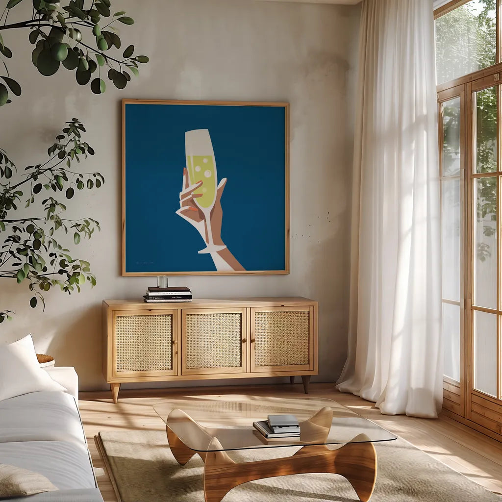 Cocktail Time II Sq by Omar Escalante. Shown in a natural wood frame in a cozy modern living room. Available as an archival giclee rolled canvas, fine art paper, or poster print. SKU 80659a.