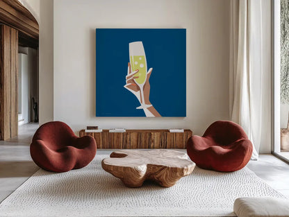 Cocktail Time II Sq by Omar Escalante. Shown as extra-large giant wall art in a modern living room. Available as an archival giclee rolled canvas, fine art paper, or poster print. SKU 80659a.