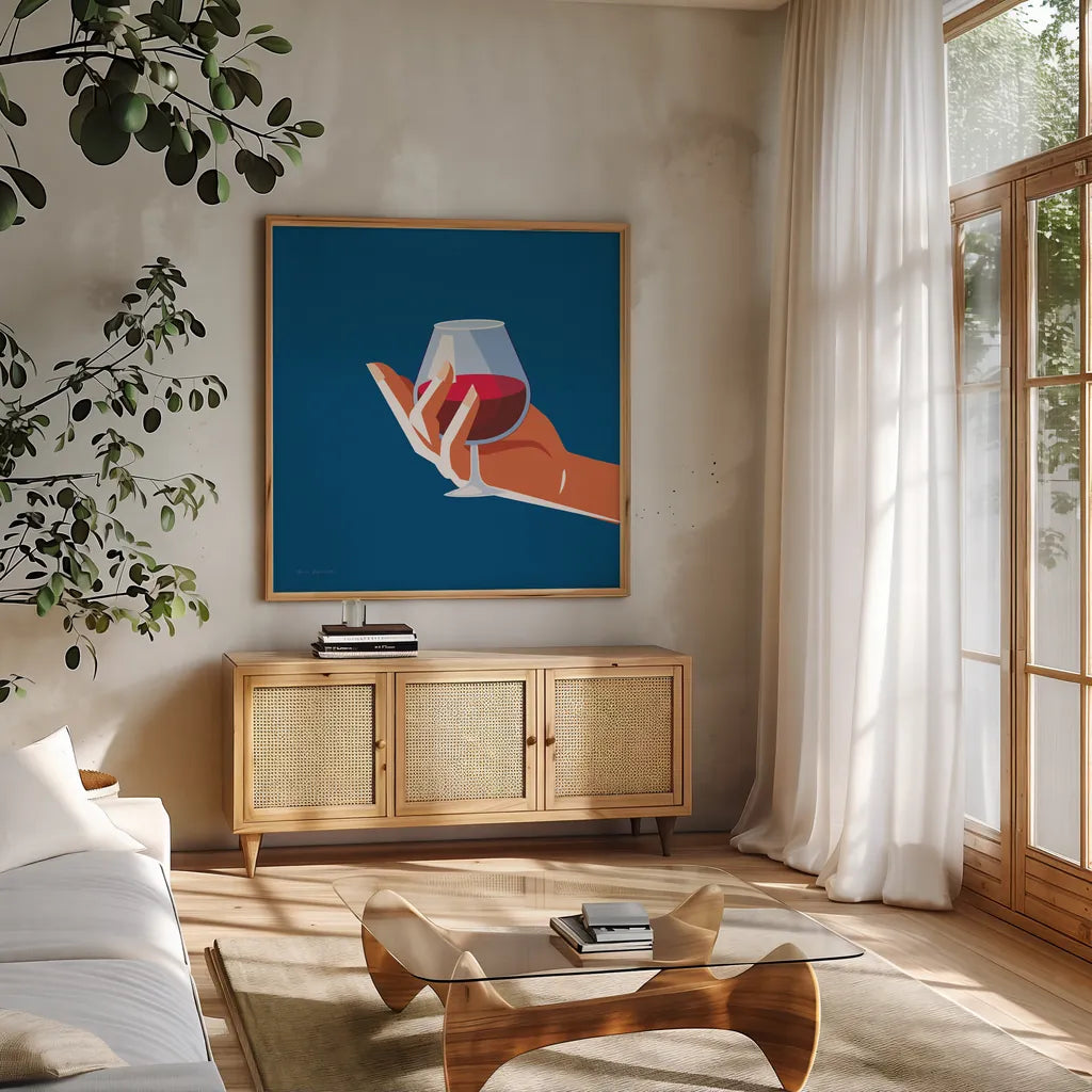 Cocktail Time III Sq by Omar Escalante. Shown in a natural wood frame in a cozy modern living room. Available as an archival giclee rolled canvas, fine art paper, or poster print. SKU 91465a.