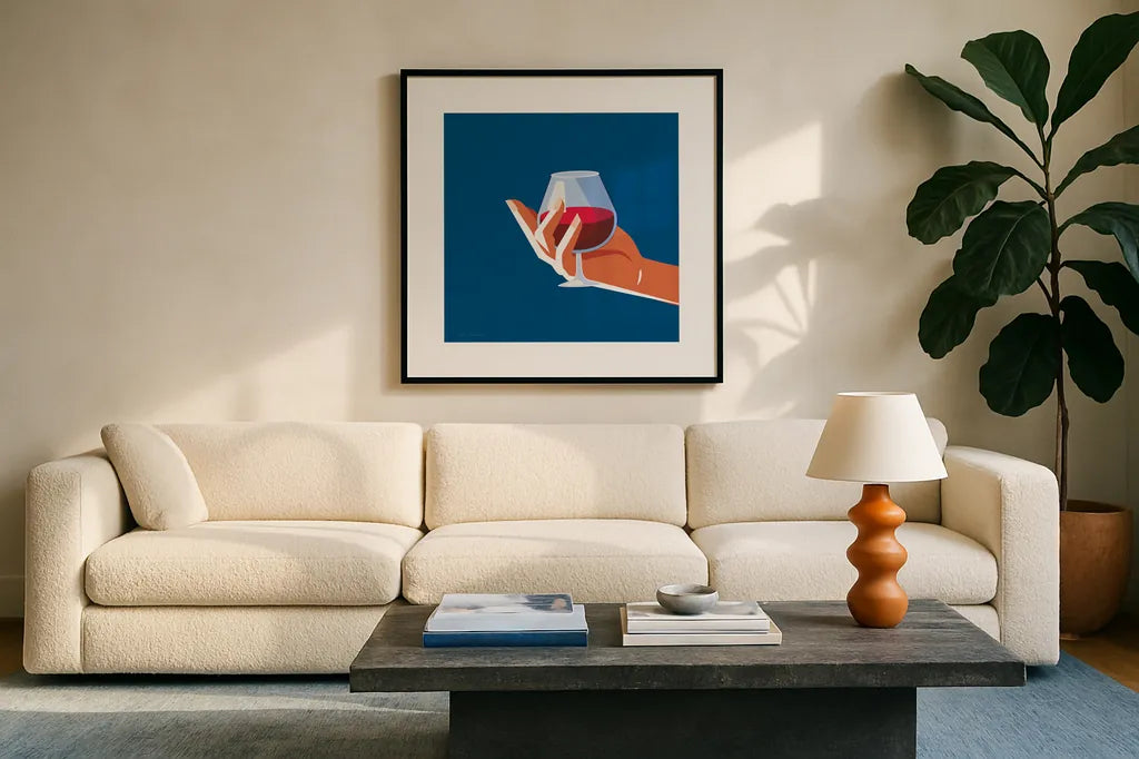 Cocktail Time III Sq by Omar Escalante. Displayed in a glass frame with matte in a clean modern living room. Available as an archival giclee rolled canvas, fine art paper, or poster print. SKU 91465a.
