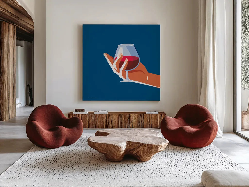 Cocktail Time III Sq by Omar Escalante. Shown as extra-large giant wall art in a modern living room. Available as an archival giclee rolled canvas, fine art paper, or poster print. SKU 91465a.