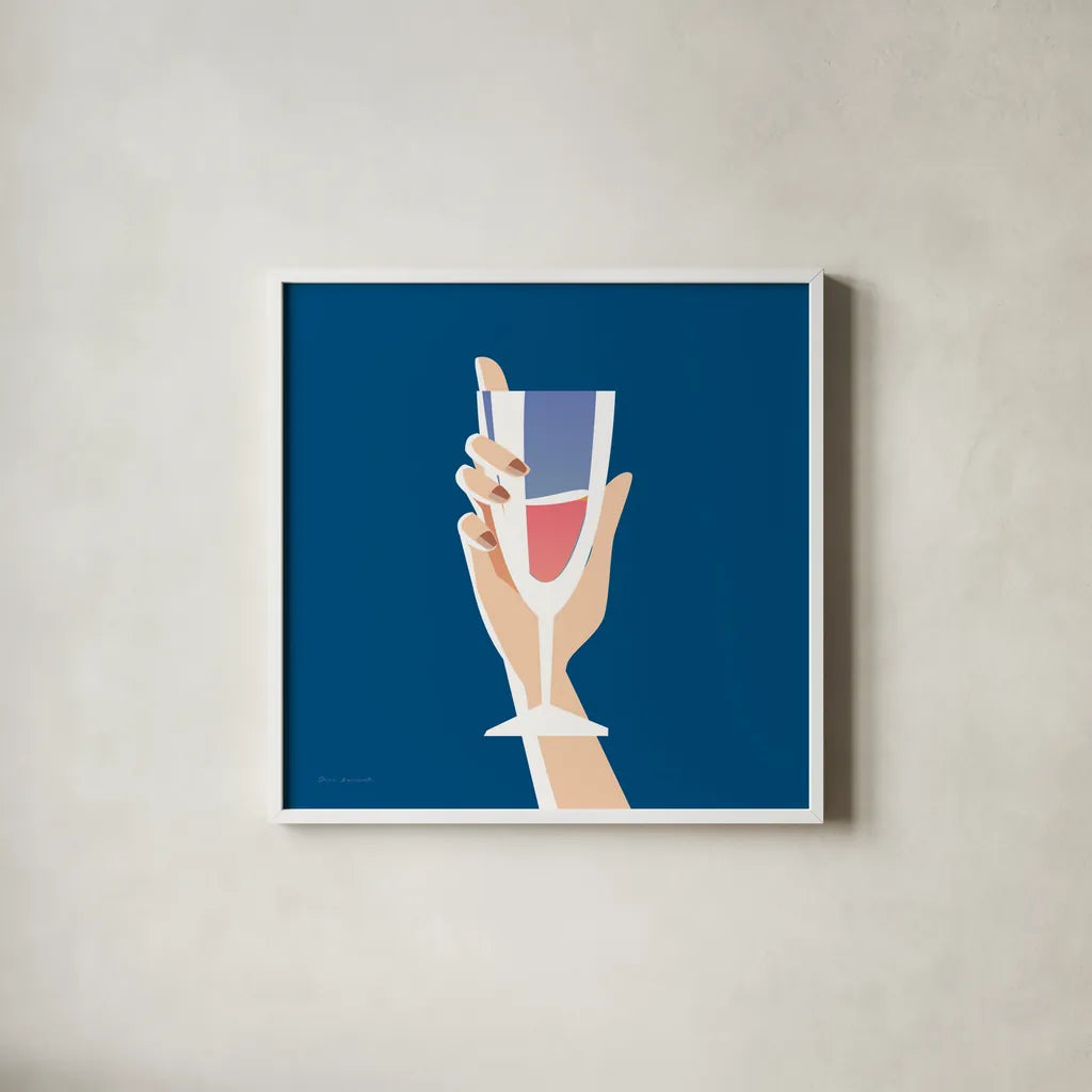 Cocktail Time IV Sq by Omar Escalante. Shown in a crisp white glass frame for a clean and minimalist style. Available as an archival giclee rolled canvas, fine art paper, or poster print. SKU 91466a.
