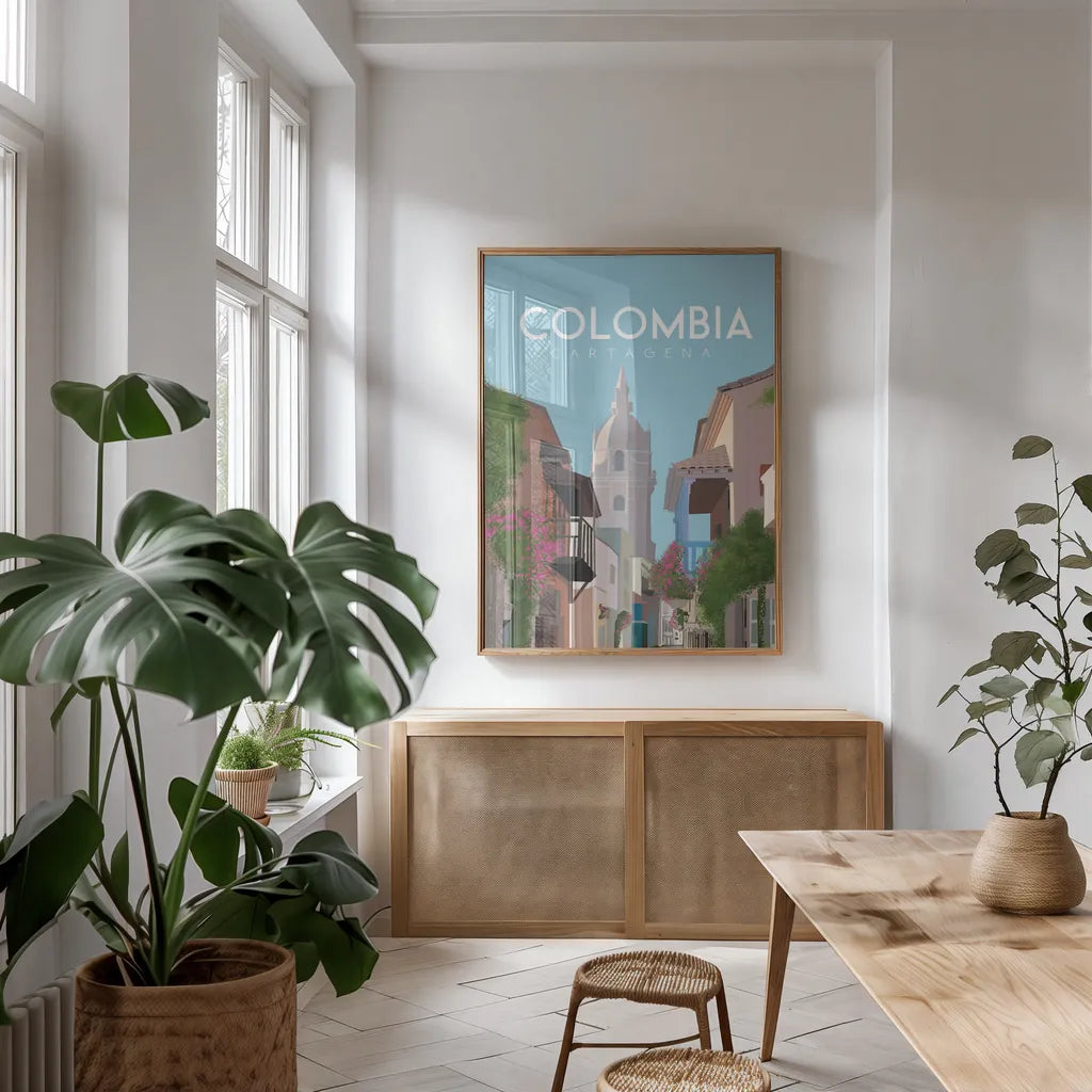 Colombia by Omar Escalante. shown as a print in a natural wood frame in a dining room. Available as a archival giclee rolled canvas, fine art paper, or poster print. SKU 71455h.