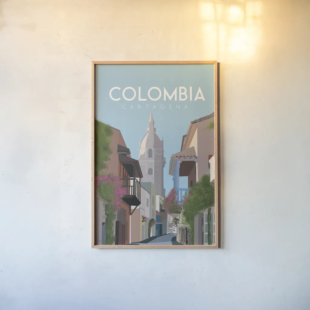 Colombia by Omar Escalante. shown as a paper print in a natural frame. Available as a archival giclee rolled canvas, fine art paper, or poster print. SKU 71455h.